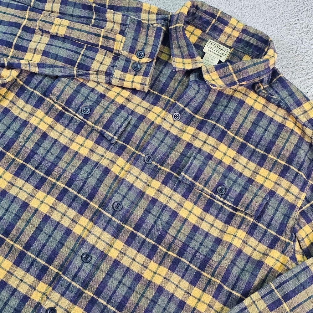 L.L.Bean Shirt Mens XL Blue Yellow Plaid Flannel Long Sleeve Button Up Casual